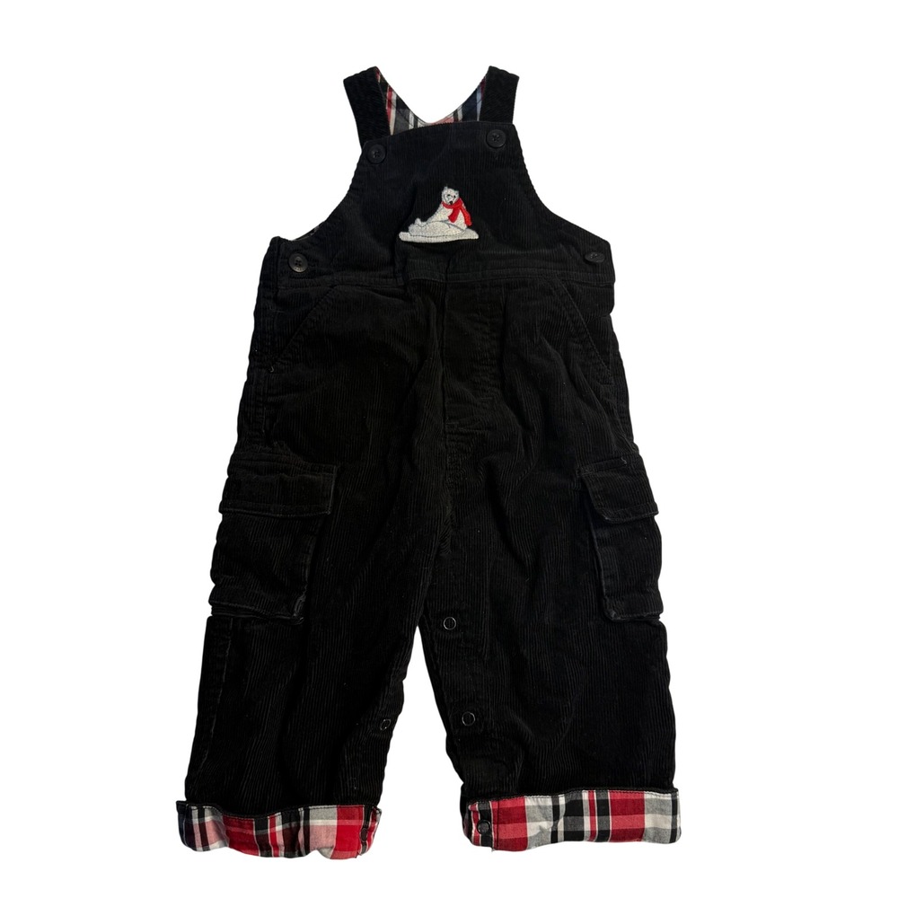 Y2K Kitestrings Black Corduroy Polar Bear Overalls Boys 12 months Winter Plaid